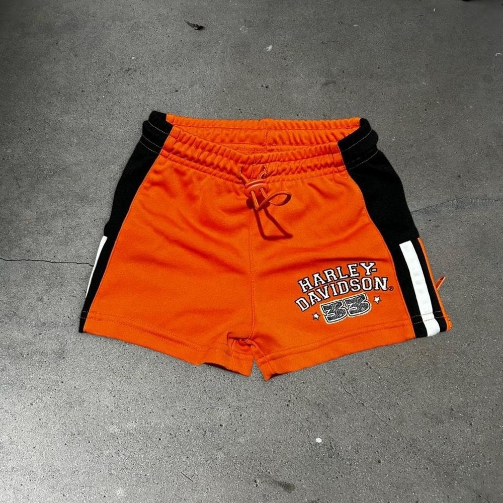 Vintage Harley Davidson baby orange and black striped embroidered shorts
